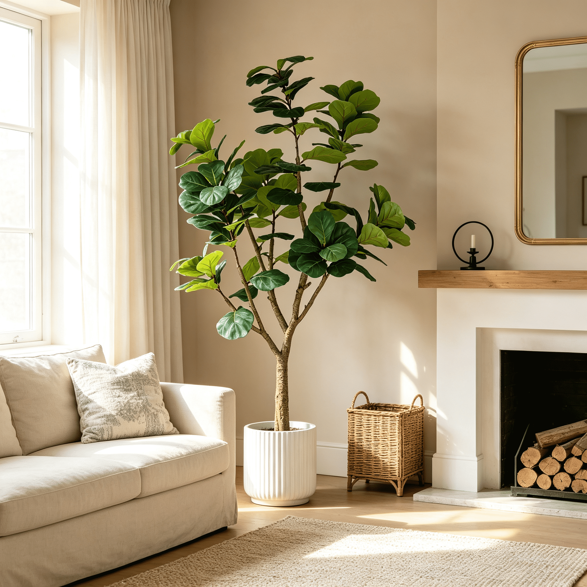 7FT Artificial Fiddle Leaf Fig Tree with White Planter Pot,Leaves Lifelike Fake Indoor Plant for Home Office Living Room Decoration
