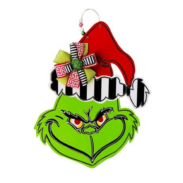 Merry Xmas Grinch Sign for Christmas Welcome Front Door Decor Christmas  Door Hanging Plaque Decoration（stripes） 