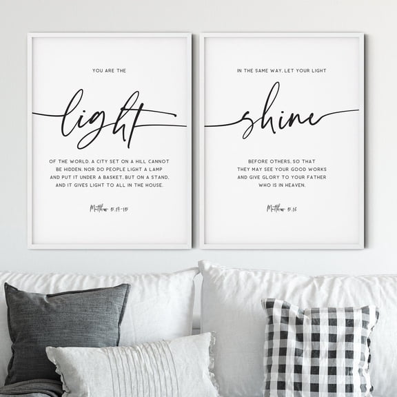 UNFFRAMED Let Your Light Shine, Bible Verse Wall Art Set Of 2, Modern Scripture Prints Minimalist Living Room Art Christian Wall Art Decor Set 2 Prints 8x12