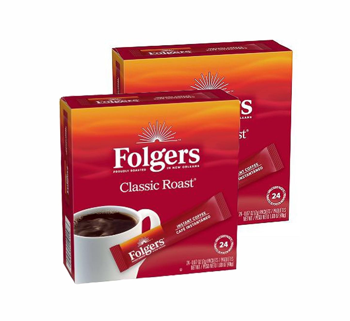 Folgers Classic Medium Roast Instant Coffee - 48 Single Serve Packets (Two 24-Count Packs)