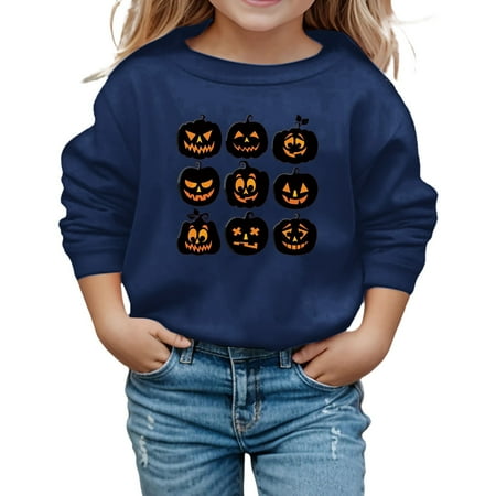 LIIPEE Girls Hoodies Halloween Warm Cartoon Pumpkin Graphic Printed Long Sleeve Round Neck Pullover Tops Kids Casual Birthday Wedding Weekend Sweatshirts Navy 7-8 Years