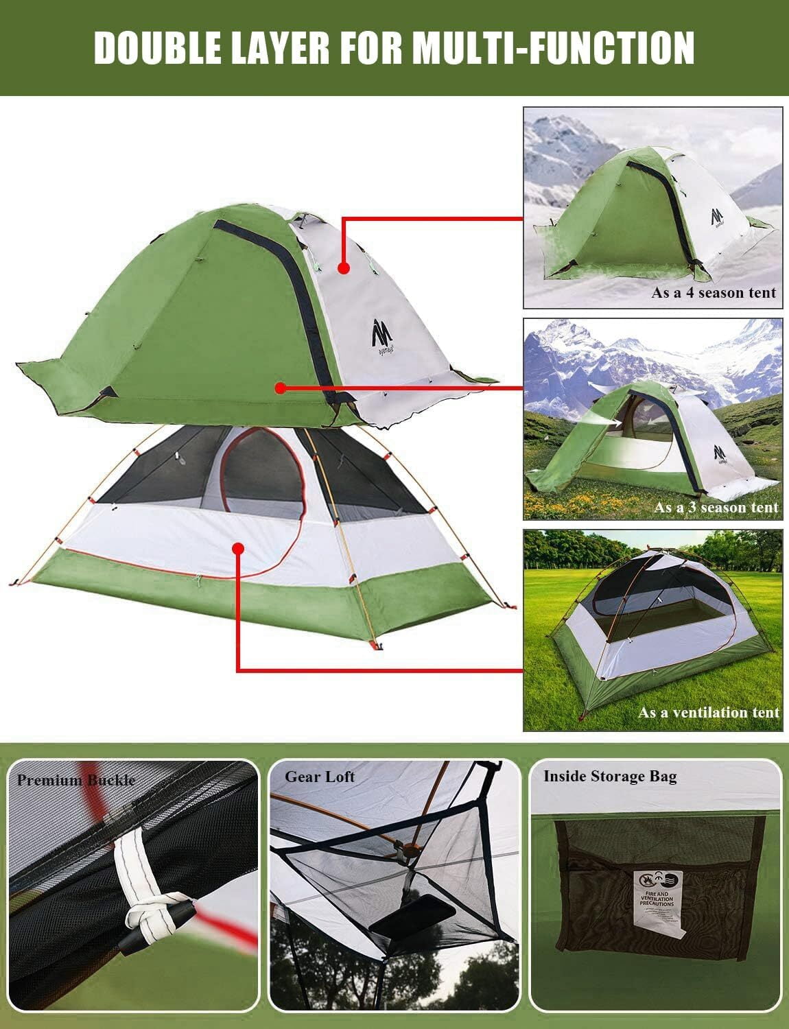 IC ICLOVER 4 Season Backpacking Tent for 2 Person Ultralight Waterproof All Weather Double Layer Camping Tents for Backpacker Outdoor Hiking Survival - Green