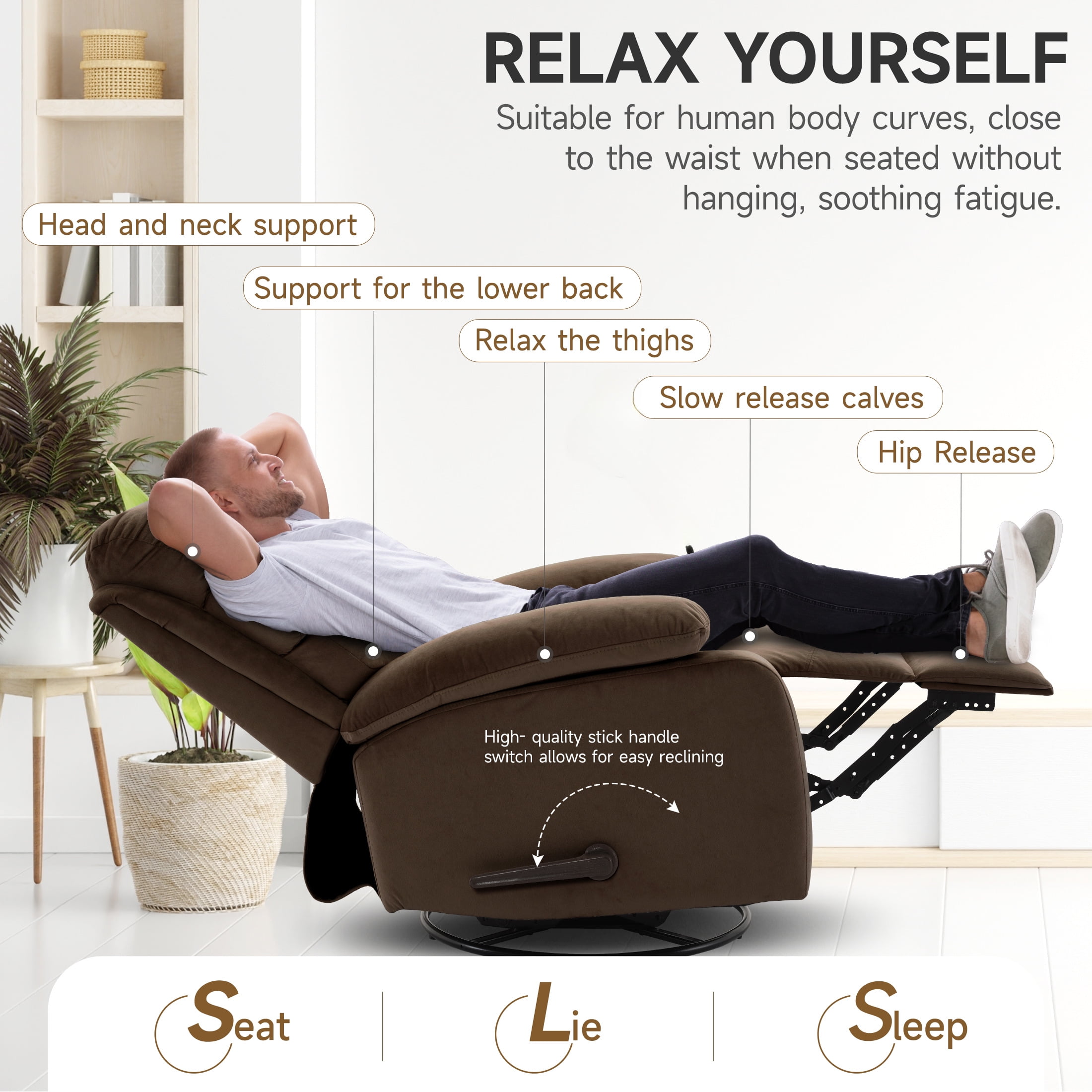 Manual Swivel Rocker Recliner for Small Spaces, Swivel Rocker Recliner Chair Small Rocker Recliner Chair for Living Room, RV, Nursery, Bedroom, Dark Brown
