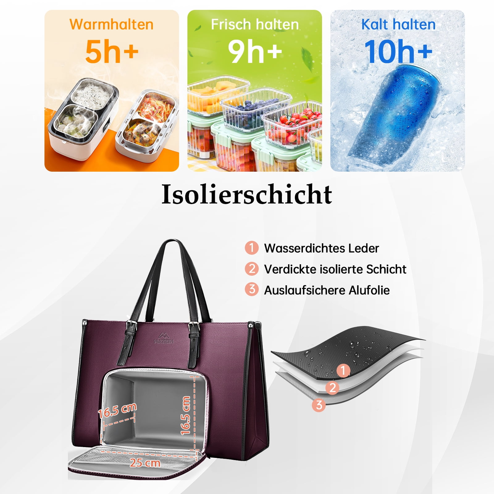 Matein Laptop Tote Bag for Women Men, 15.6 inch Waterproof PU Leather Work Shoulder Bag with Insulated Lunch Compartment, Dark Purple