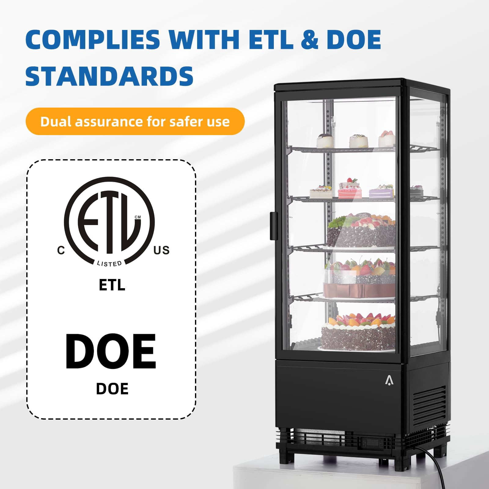 Commercial Cake Display Refrigerator, 3.5 Cu.FT Single-Door Merchandiser with Interior LED Lighting, Double-Layered Glass, Countertop/Floor Refrigerator, 110v