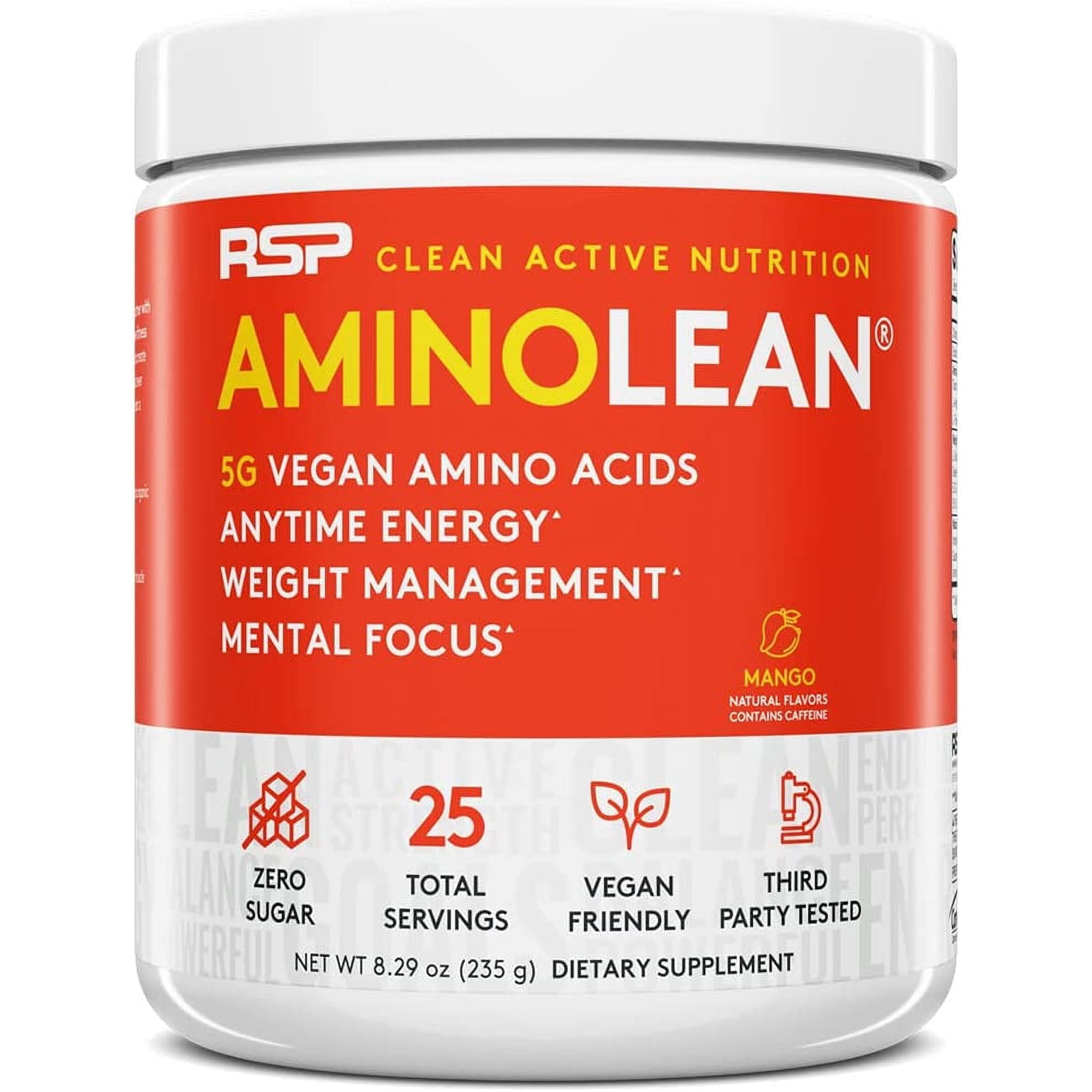 RSP Nutrition Vegan AminoLean Pre Workout Powder with BCAAs, Natural Amino Energy for Lean Muscle, Mango Flavor, 25 Servings