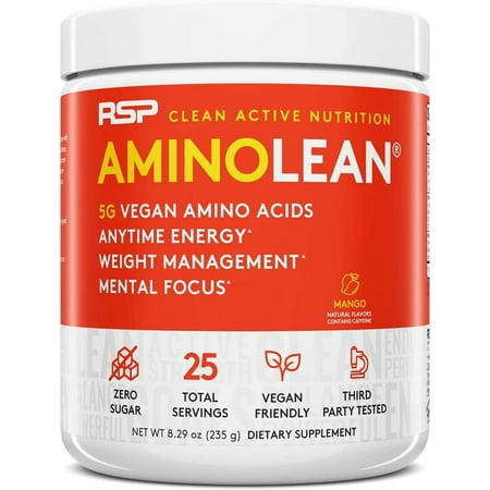 RSP Nutrition Vegan AminoLean Pre Workout Powder with BCAAs, Natural Amino Energy for Lean Muscle, Mango Flavor, 25 Servings