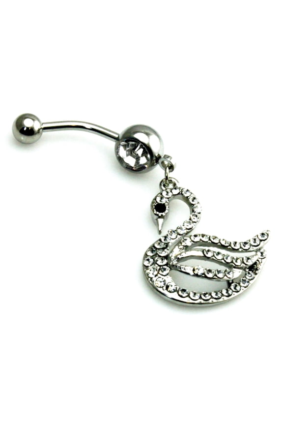 14g (1.6mm) Stainless Steel Cubic Zirconia Studded Swan Dangle Belly Ring Navel Piercing Body Jewelry