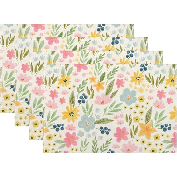 Yellow Pink Blue Floral Spring Placemats Set of 4, 12x18 Inch Watercolor Flower Decorative Table Mats Summer Seasonal Holiday Table Placemats for Party Home Kitchen Dining Table Decoration