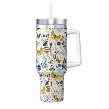 

Cauagu Flowers Butterfly Print Stainless Steel Vacuum Insulated Tumbler 40oz Water Bottle with Handle & Flip Straw Reusable Travel Coffee Mug for Women & Men