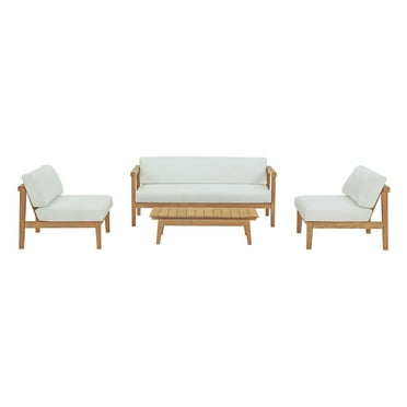 Lounge Sectional Sofa Chair Table Set, White Natural, Teak Wood, Fabric, Modern Contemporary, Outdoor Patio Balcony Cafe Bistro Garden Furniture Hotel Hospitality
