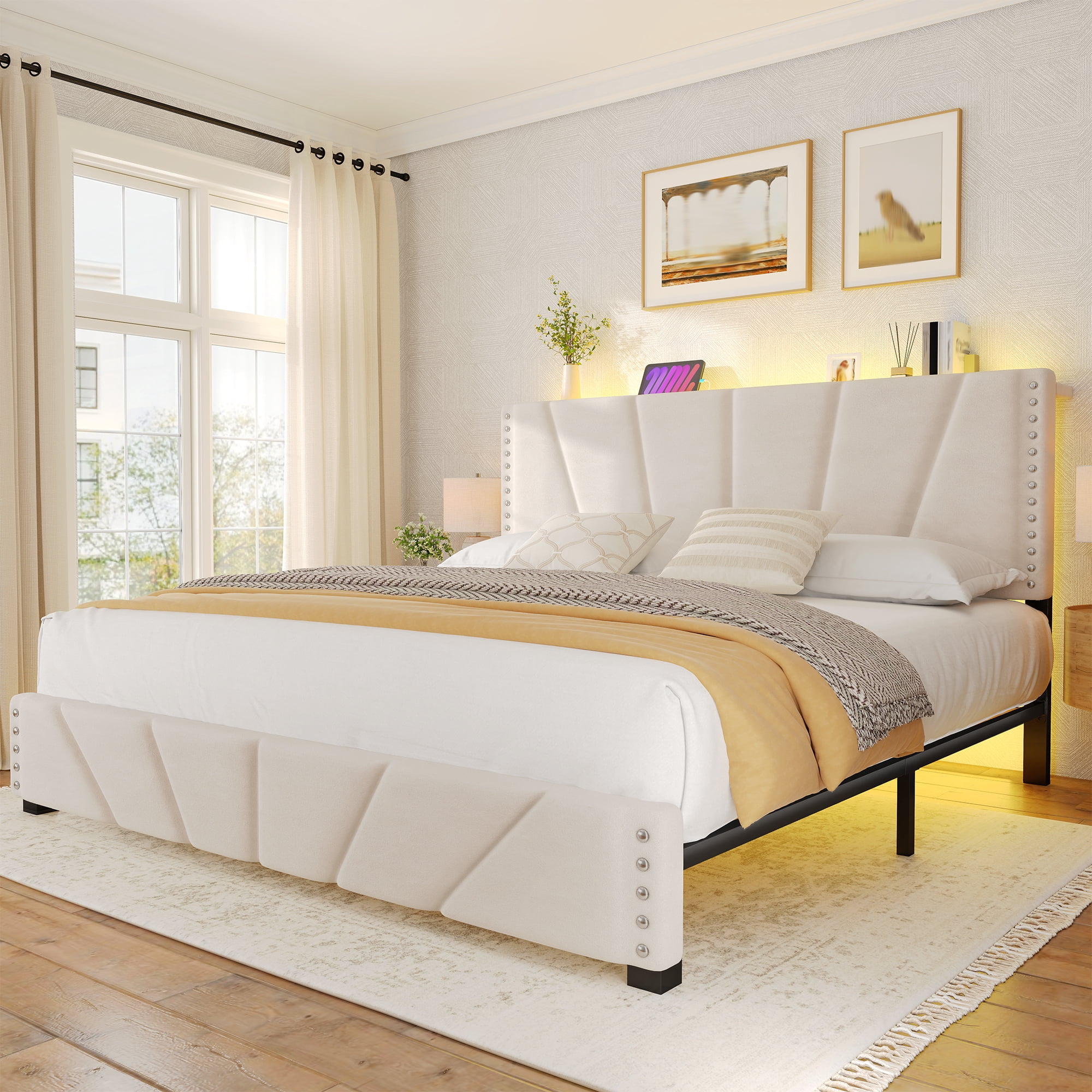 Romorgniz King Size Bed Frame with Underbed Storage Upholstered Bed Frame with Adjustable Headboard Platform Bed Frame with LED Light & Charge Station ,Beige