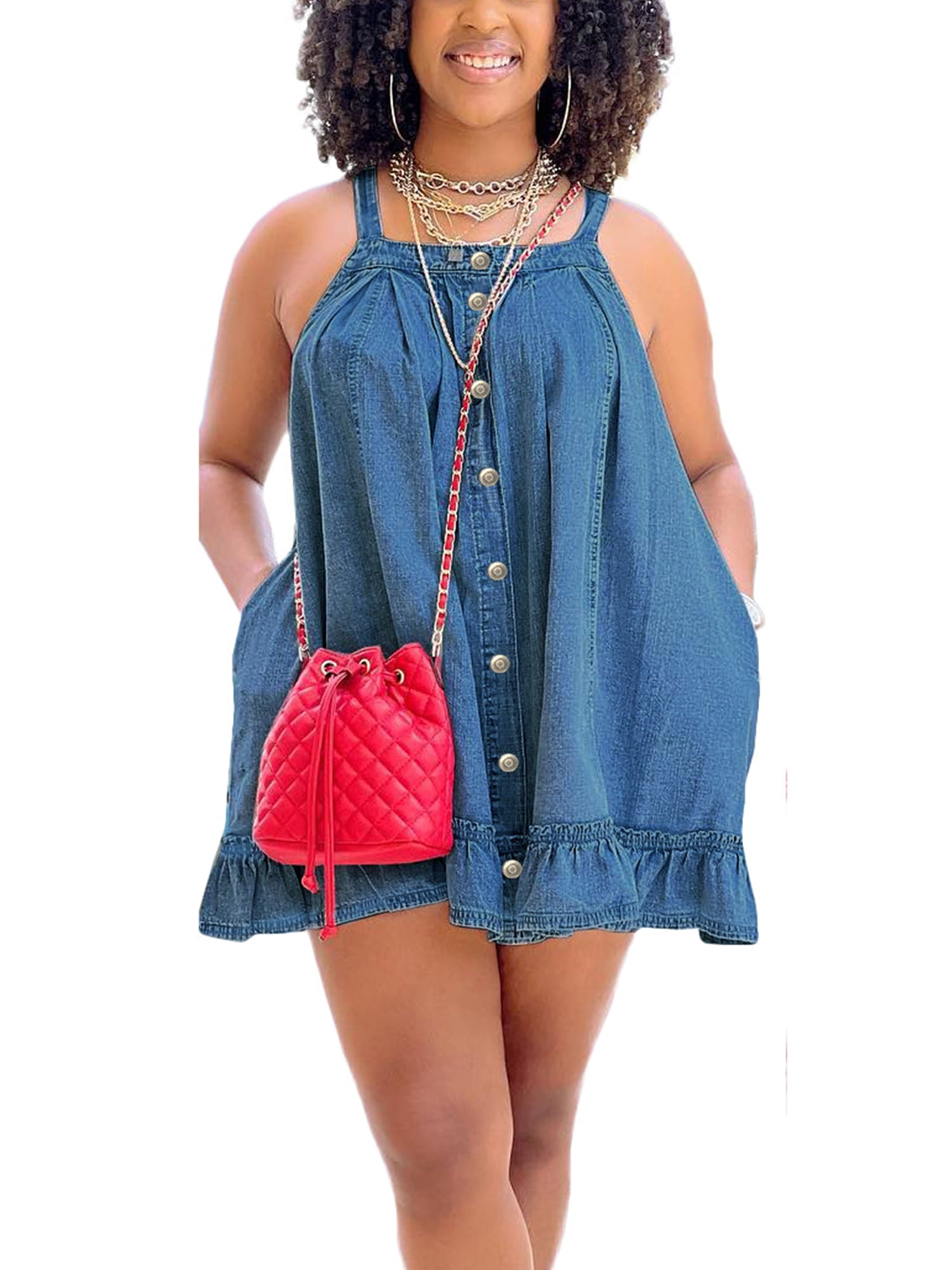 Niuer Ladies Denim Mini Dress Pocket Summer Beach Sundress Pleated