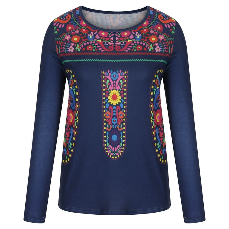 Womens Mexican Style Long Sleeve Tops Retro Floral Printed Womens Mexican Style Long Sleeve Tops Retro Floral Printed