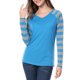 thumbnail image 3 of Tops A Rayas Con Cuello En V Y Mangas Raglán Largas Para Mujer Azul L, 3 of 7