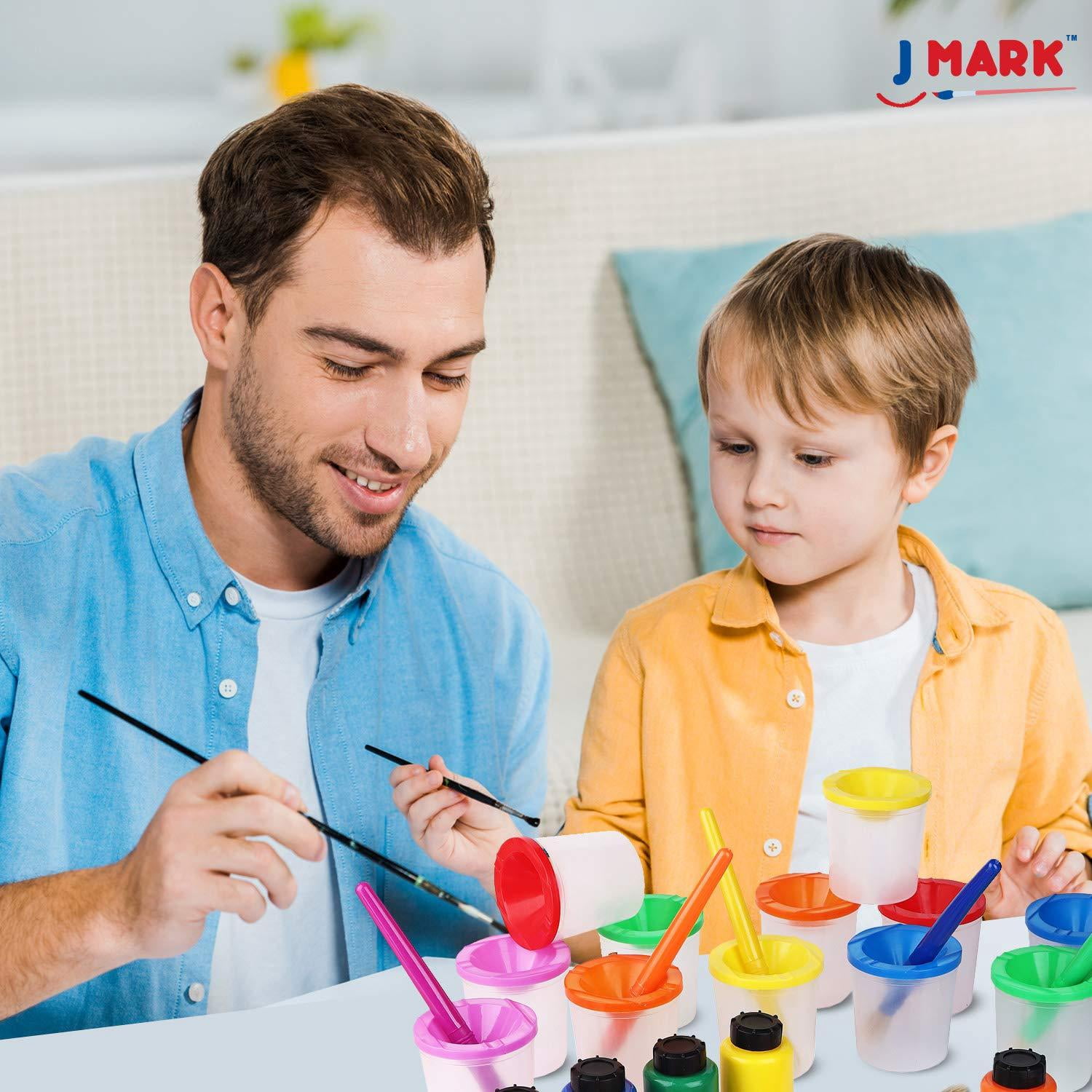 J MARK 43 Piece Toddler Painting Set – Spill Proof Paint Cups for Kids, Washable Kids Paint, Painting Tools, Kids and Toddler Paint Set with Art Smock and More