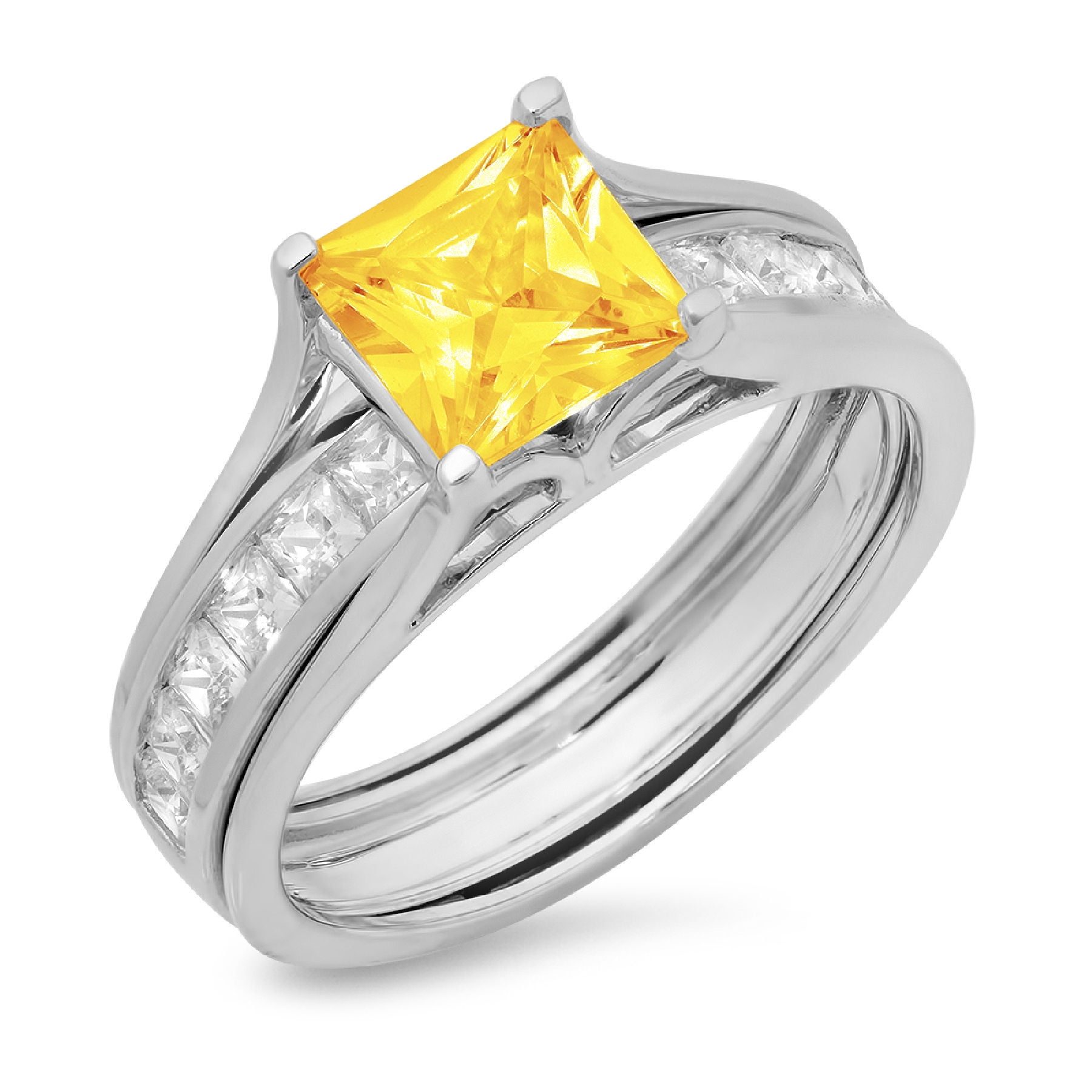 White Gold Sterling Silver Brilliant Natural Citrine Wedding Engagement Ring Set 