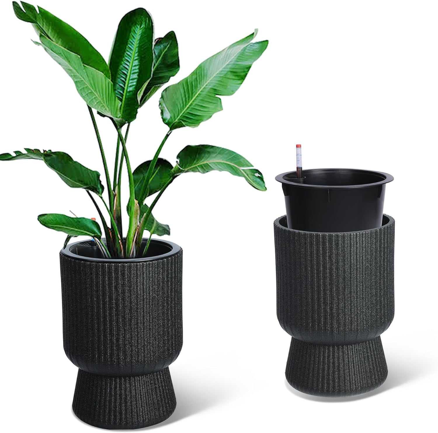 Riedhoff 14.2" Planters Pots Set of 2, with Inner Bucket & Water Level Monitor, Black