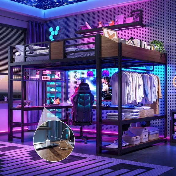 Bellemave Gaming Loft Bed Queen Size with L-Shaped Desk, Metal Loft Bed Frame with Bookcase, Shelves, Power Outlet, LED Lights and Iron Nets, Queen Loft Beds Space Saving for Kids Teens, Black Brown