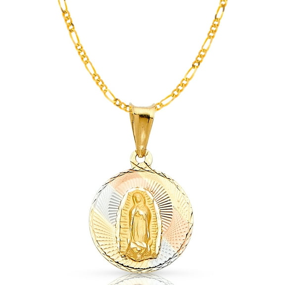 14K Tri Color Gold Diamond Cut Our Lady of Guadalupe Stamp Charm Pendant with 1.9mm Figaro 3 1 Chain Necklace