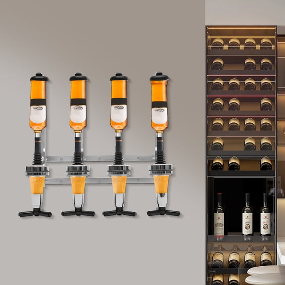 ChicHomey 4-Bottle Wall Mount Liquor Dispenser,25ml Perfect Pour,Removable Wine Pourer,Wall Bar Mounted,for Home Bar, Party, Shot Pouring, Space-Saving, Silver