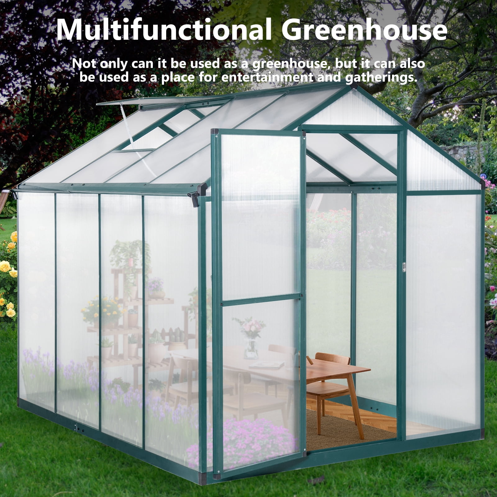 Tuekys 6*8FT Greenhouse for Outdoor, Polycarbonate Greenhouse with Roof Vent, Large Walk-in Greenhouse for Outside Garden Backyard