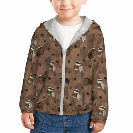 

Goofa Warm Coffee Pattern Printed Kids Zip-Up Hoodie Girls Boys UPF50+ Sun Protection Jacket Hooded Cooling Shirt-3 Years