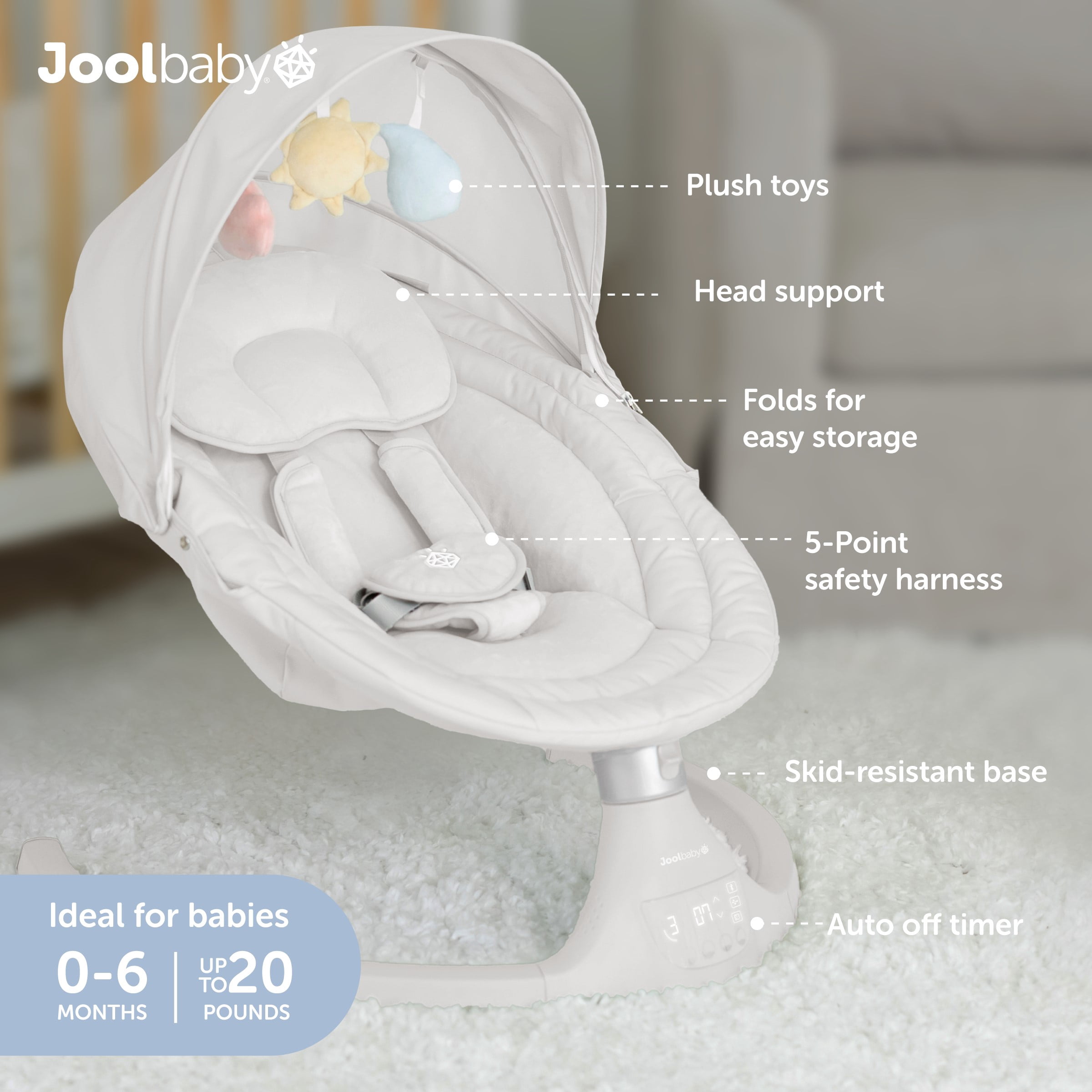 Jool Baby Nova Swing for Newborns - Electric Motorized Infant Swing, Bluetooth Music, 10 Preset Melodies, Remote (Updated Model, Stone)