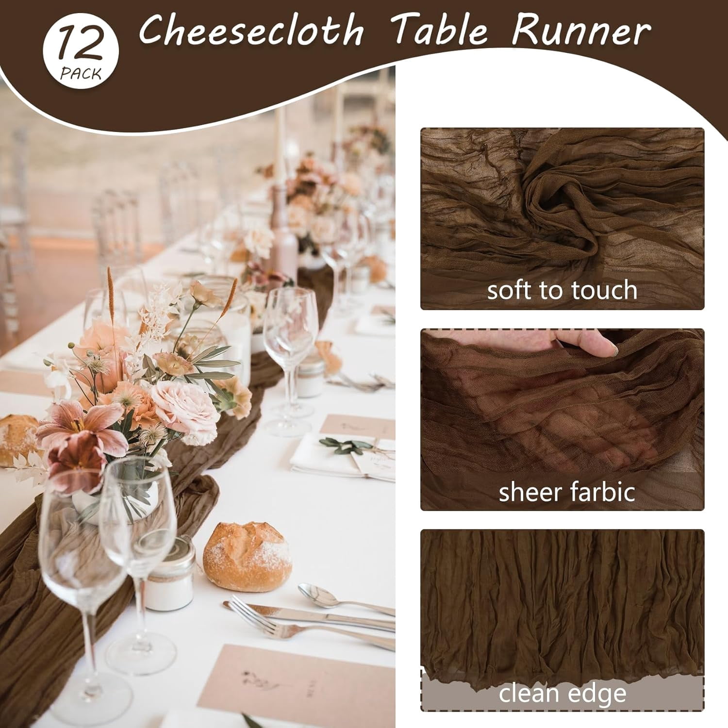 Wehilion 12PCS Cheesecloth Table Runner Boho Gauze Table Runner Cheese Cloth Long Table Runner Rustic Table Runner for Wedding Bridal Shower Birthday Party Table Decor