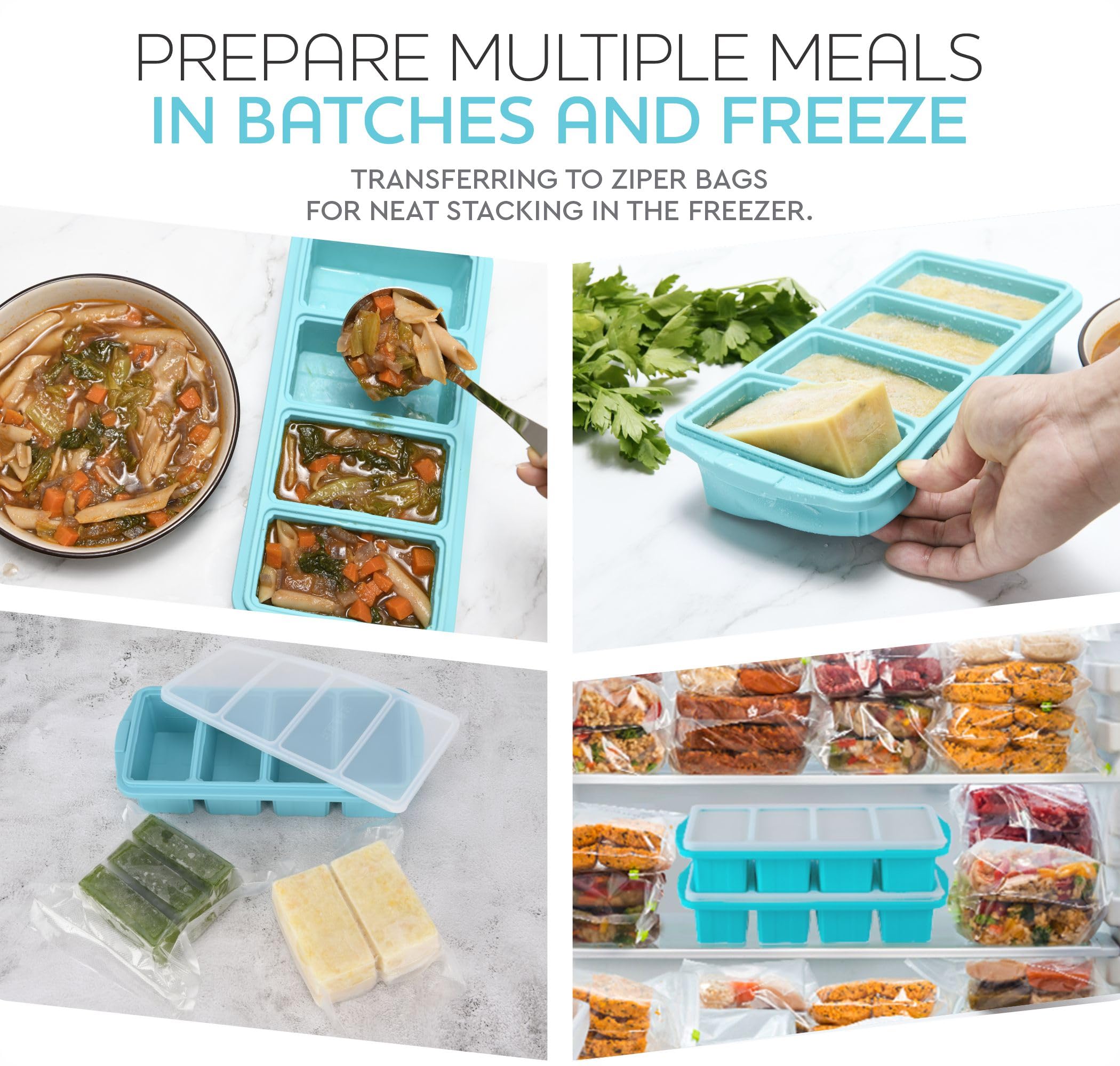 Silicone Freezer Tray With Lid - Soup Container Molds Large Ice Cube Tray- Makes 8 1 Cup Portions Cubes  2-pack Storage Food Soups & Meal Prep Oven Dishwasher -safe