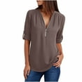 thumbnail image 1 of Blusas Umfun para mujer, camisas de manga larga, túnica informal con cremallera y cuello en V, blusa enrollable, blusas café L, 1 of 5