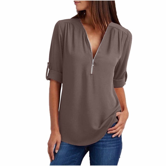 Blusas Umfun para mujer, camisas de manga larga, túnica informal con cremallera y cuello en V, blusa enrollable, blusas café L