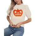 thumbnail image 3 of Pumpkin Ghost Face Graphic Sweaters for Women Halloween Day Crew Neck Pullover Sweater Cute Puff Short Sleeve Juniors Girls Sweater Blouse Shermie, 3 of 5