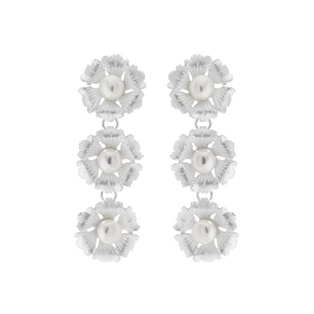Honora Three Flower Freshwater Button Pearl Drop Earrings in Sterling Silver