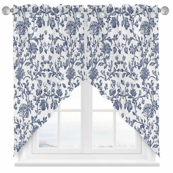 Vintage Blue Floral Swag Valances for Windows 2 Pack Farmhouse Flower Pastoral Style Swag Kitchen Curtains 63 Inches Long Rod Pocket Short Window Treatment for Kitchen Bathroom 36"x63"