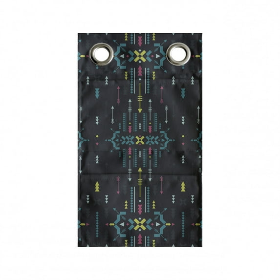 Tribal Hanging Pocket Organizer, Prehistoric Bohemian Geometric Pattern Quirky Motif on Dark Backdrop, Printed Polyester Storage Bag with Pockets, 9" x 16", Dark Blue Grey Multicolor