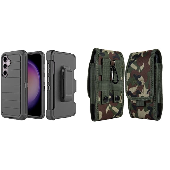 Heavy Duty Cover Bundle for Samsung Galaxy S24 Case with Belt Clip Holster, Glass Screen Protector, Carrying Pouch - Black