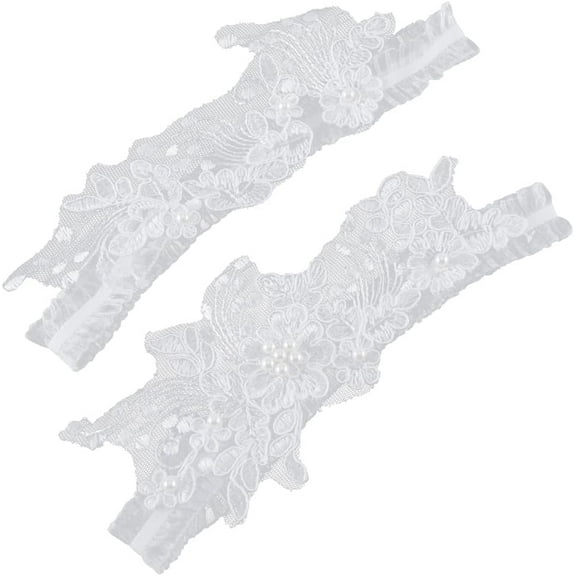 2Pcs Lace Garter for DIY Brides White Wedding Garter for DIY Bridal Elastic Wedding Garment Accessories Bride to be Gifts with Plastic Imitation Pearl for DIY Ladies Brides Cosplay
