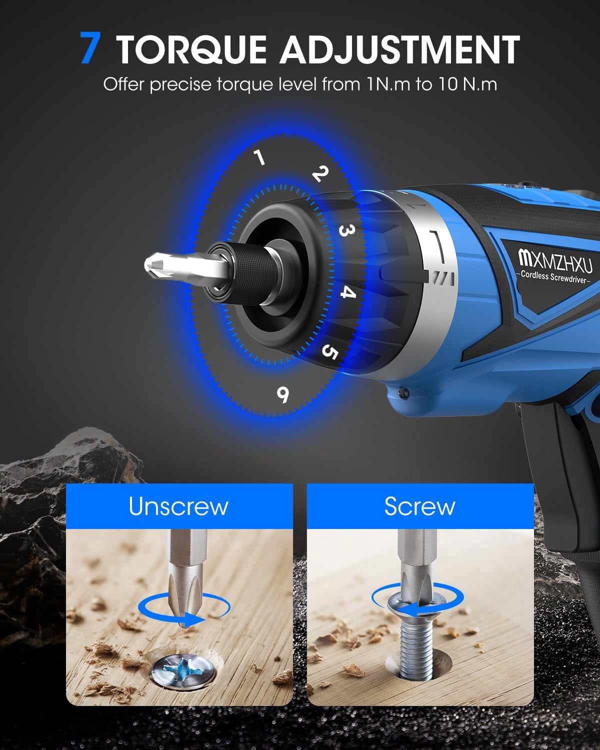 Electric Cordless Screwdriver 47-in-1 Drill Driver Rotatable Dual Position Handle with LED Light