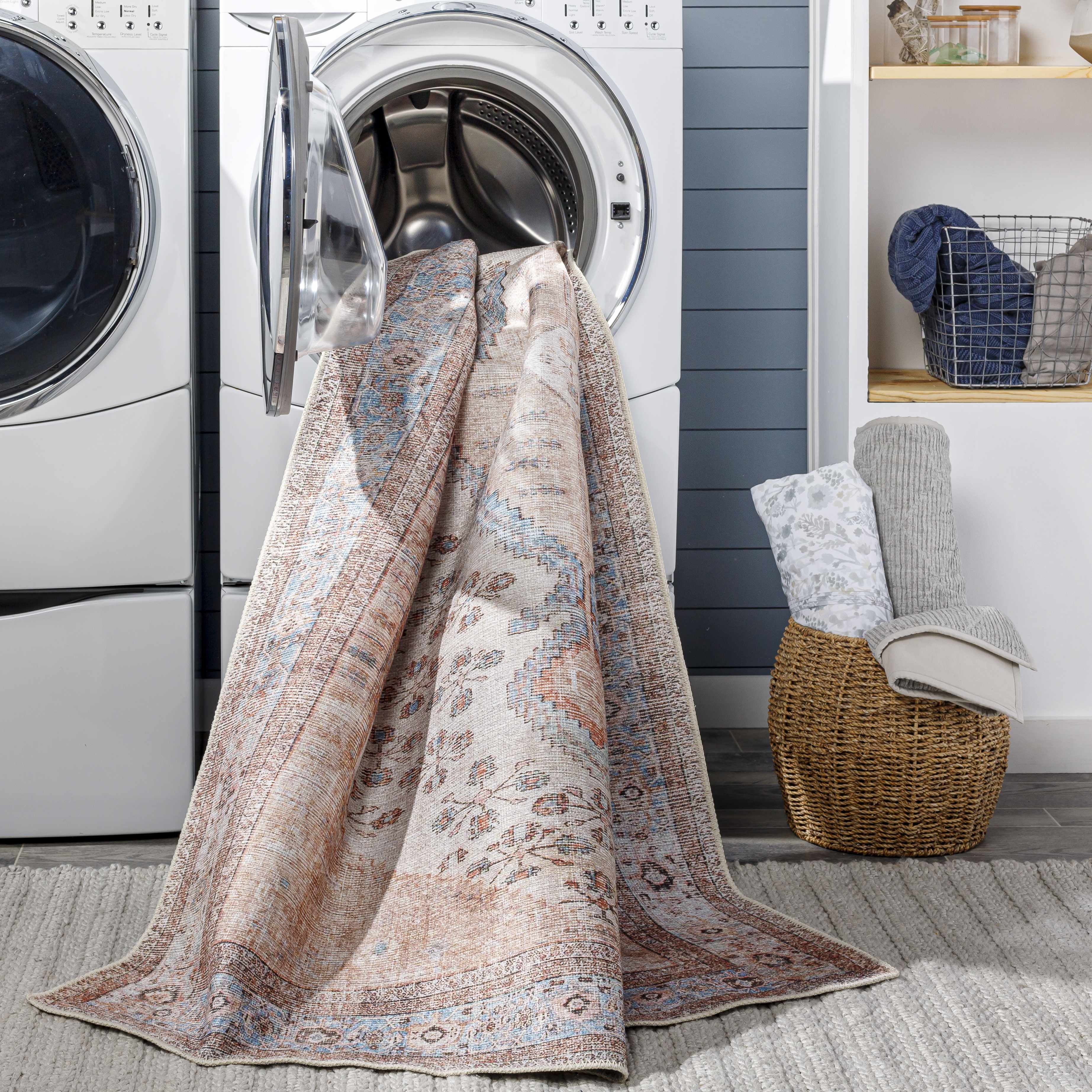 Hauteloom Moora Boho Vintage Distressed Runner Rug - Machine Washable Traditional Medallion Area Rug for Hallway, Kitchen - Tan, Peach, Blush - 2'7" x 10'