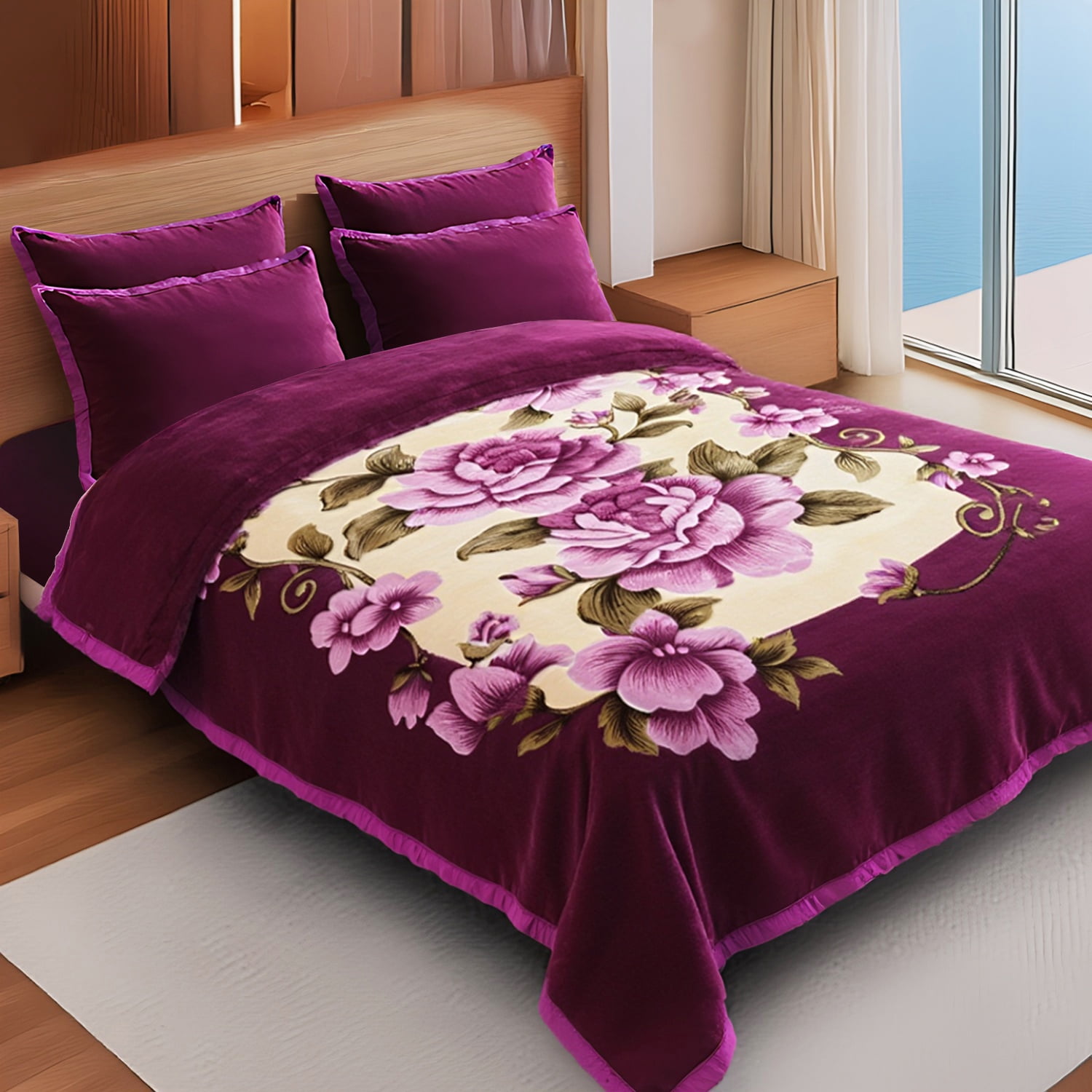 10lbs Heavy Thick A&B Pattern Blanket 2Ply Reversible - Thick Warm Plush Korean Style Bed Blanket, King Size Fleece Plush Blanket, Soft Winter Blanket For Adult 87" x 95", Purple Flower