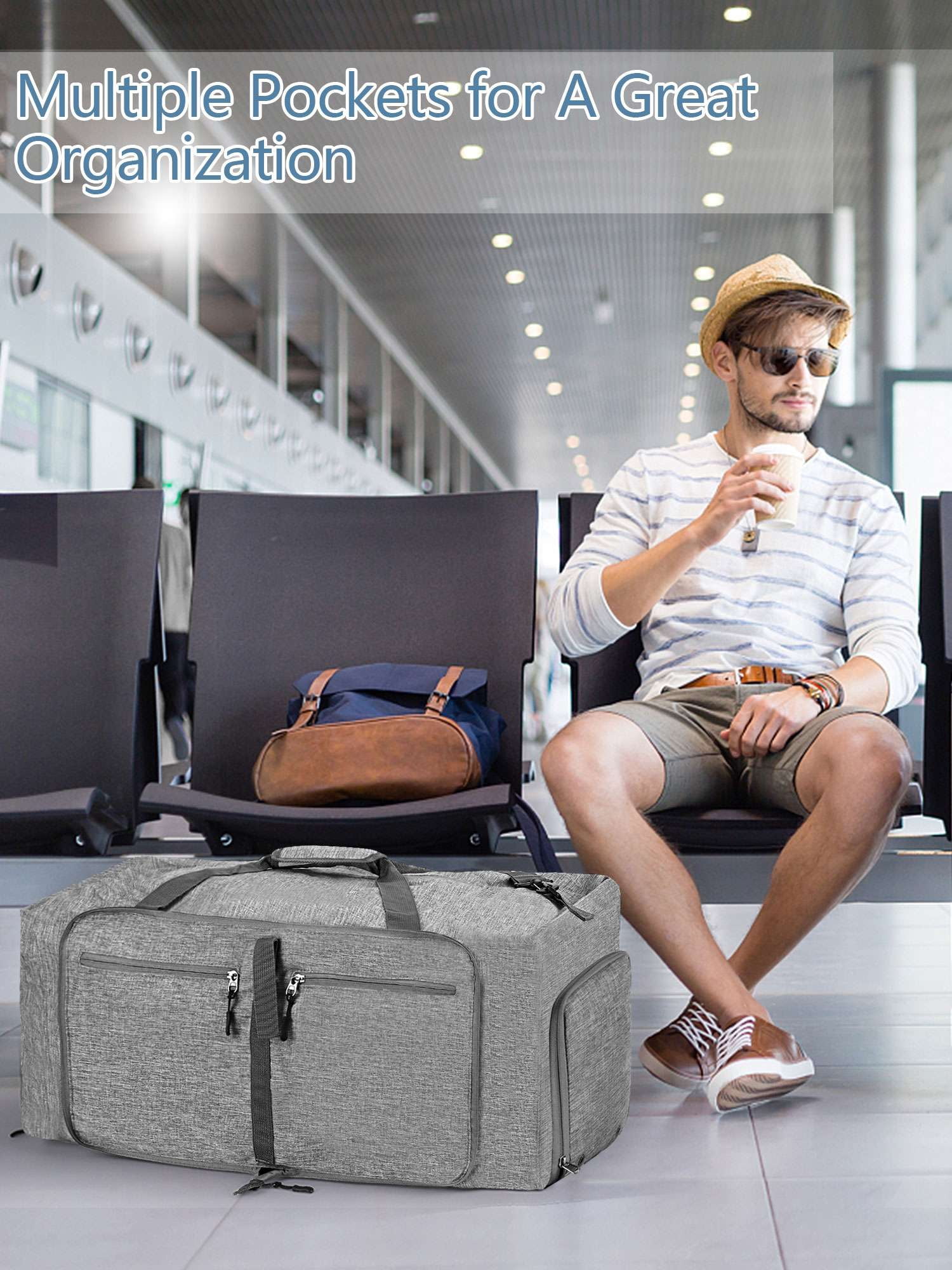 Luxtrada 85L Duffle Bag with Shoes Compartment, 26" Foldable Travel Duffel Bags for Men Women, Large Packable Travel Bag Water Repellent & Tear Resistant (Gray)