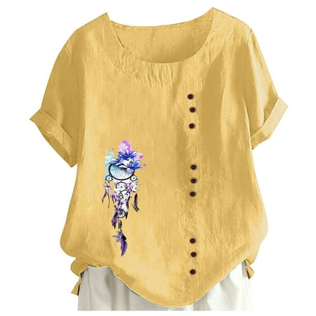 

koaiezne Women s Printed Round Neck Raglan Sleeve Hem Slit Loose Short Sleeve Button Decoration Shirt Women Tops And Blouses on 8x plus Size Scrub Tops