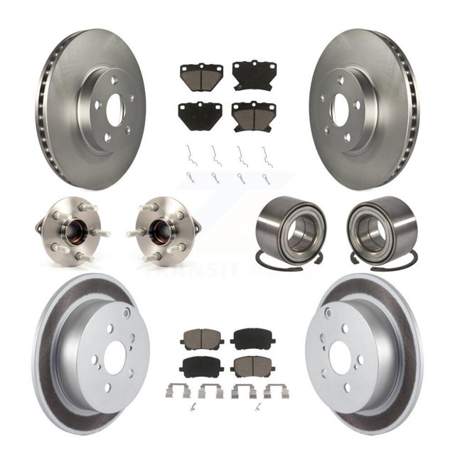 Transit Auto Front Rear Wheel Hub Bearing Assembly Coated Disc Brake Rotors and Ceramic Pads Kit (10Pc) for Car 2003-2006 Toyota Matrix Pontiac Vibe AWD - Left Right Side (Driver Passenger) KBB-117956