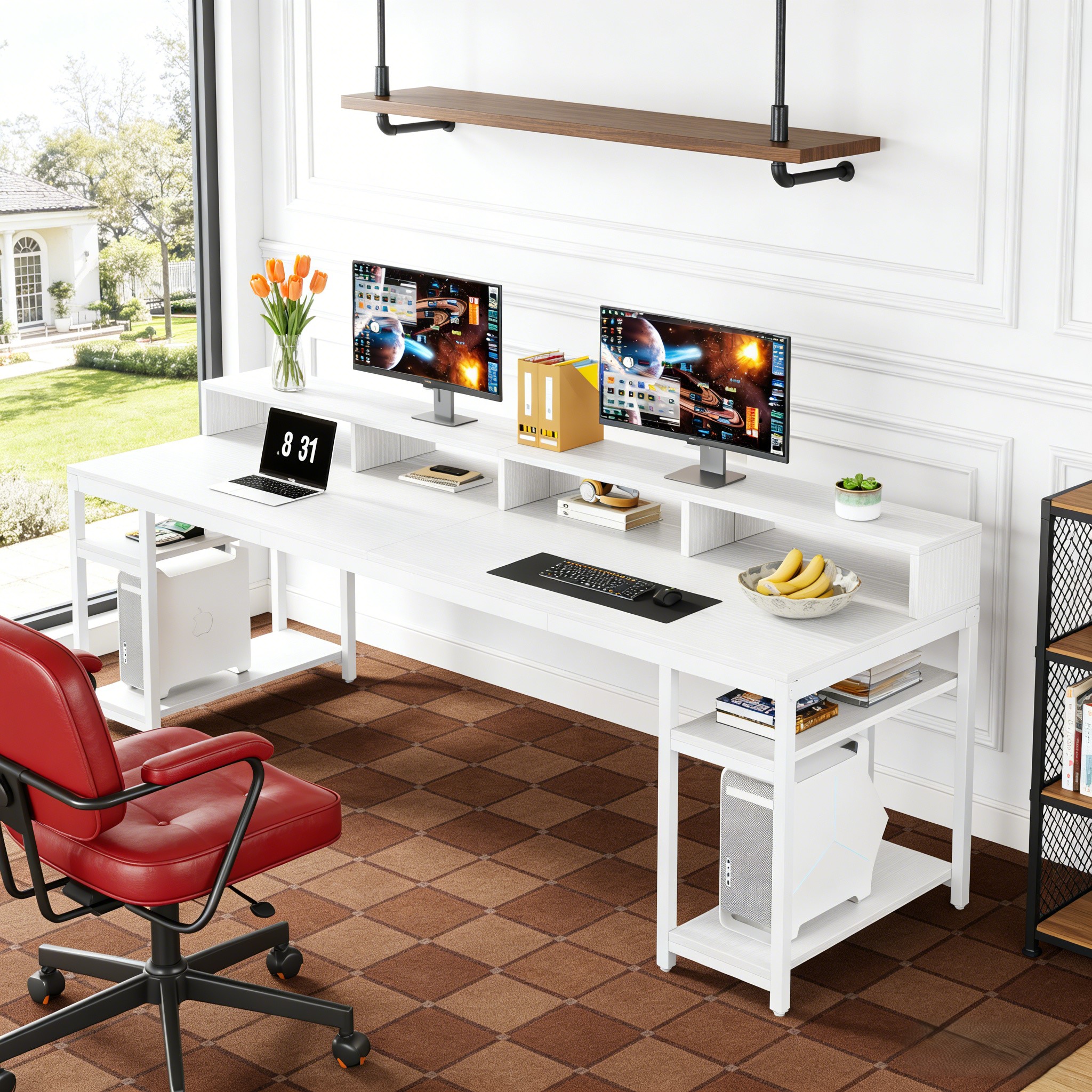 Fnova 78.74" Long Computer Desk with Monitor Stand and Storage Shelves, Industrial Home Office Writing Desk for 2, White