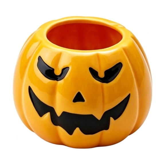 Halloween Pumpkin Ceramic Cup Set with Jack-o-Lantern Faces, Reusable Tabletop Decor for Candles, Treats, Desserts and Party Display