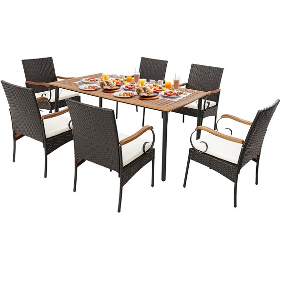 Gymax 7PCS Wicker Dining Set Cushion Acacia Wood Armrests Table w/ Umbrella Hole Patio