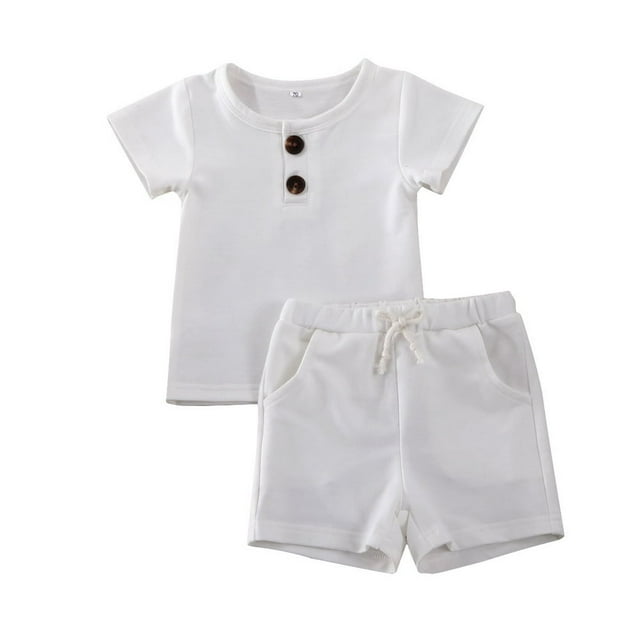 Baby Boy Girl 2PCS Outfits Short Sleeve Button Tee Shirt Drawstring Shorts Pants Casual Clothes Set