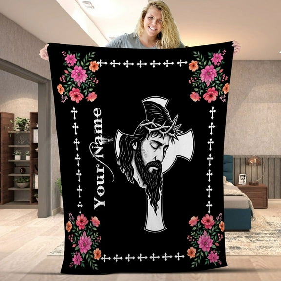 Personalized Jesus Cross with Flowers Blanket – Christian Religious Fleece Throw, Custom Name Faith Blanket Gift for Believers, Easter, Christmas, Religious Home Decor