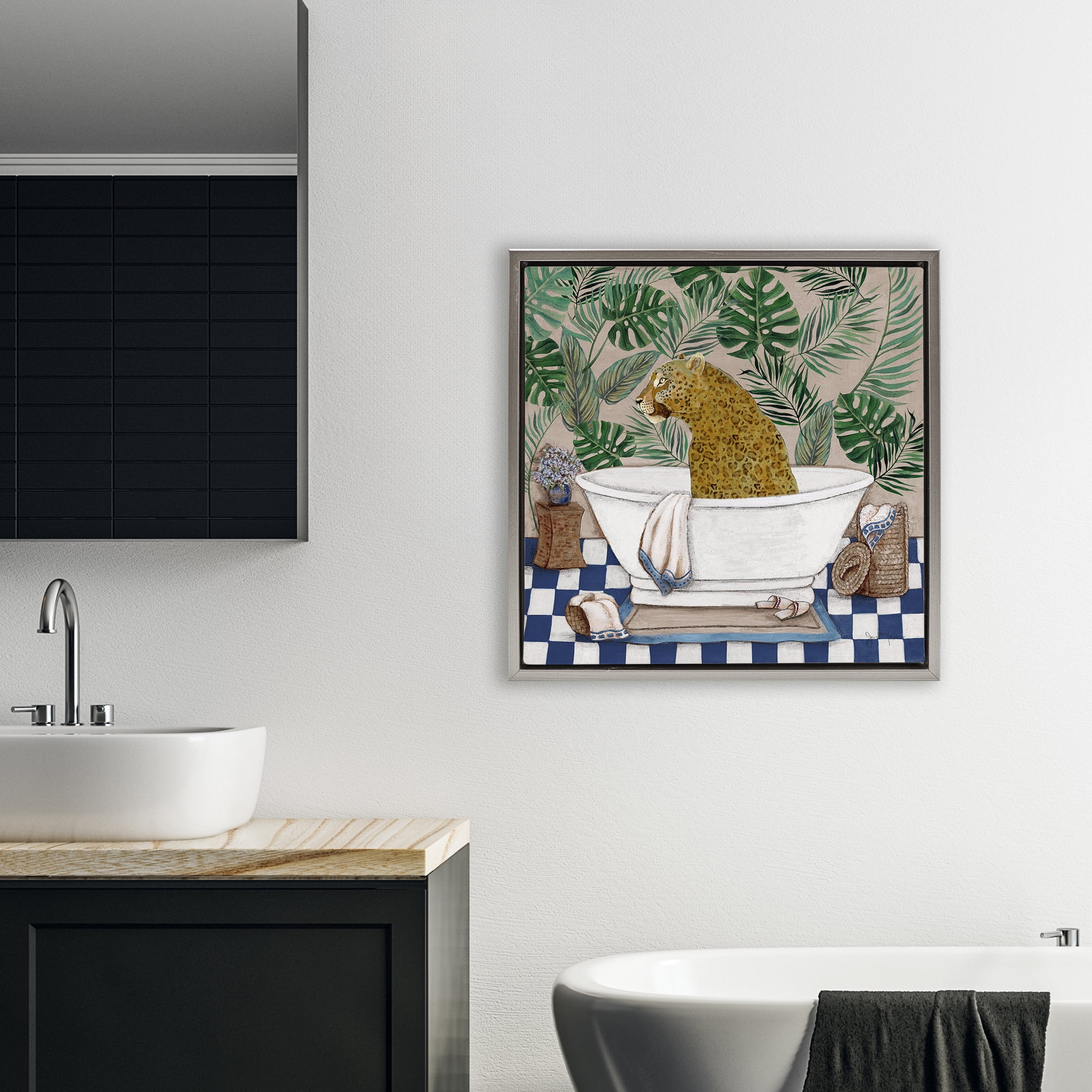 Stupell Industries Leopard in Tropical Bathtub Gray Framed Floater Canvas Wall Art, design by Janet Tava